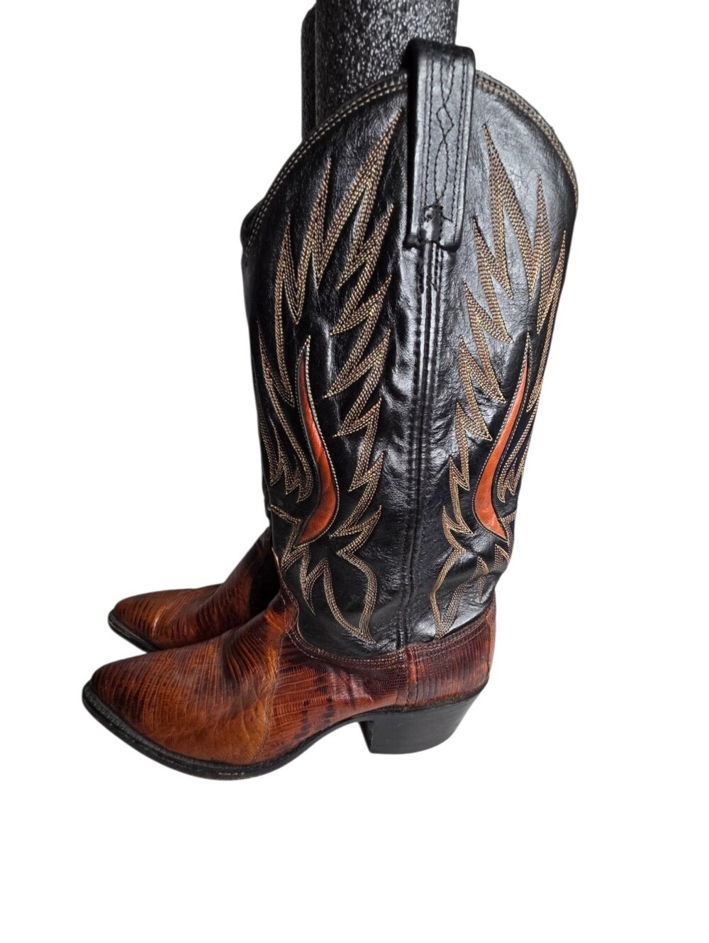 Vintage Dan Post Leather Lizard Skin Black Brown Cowboy Boots Women's Size 8M
